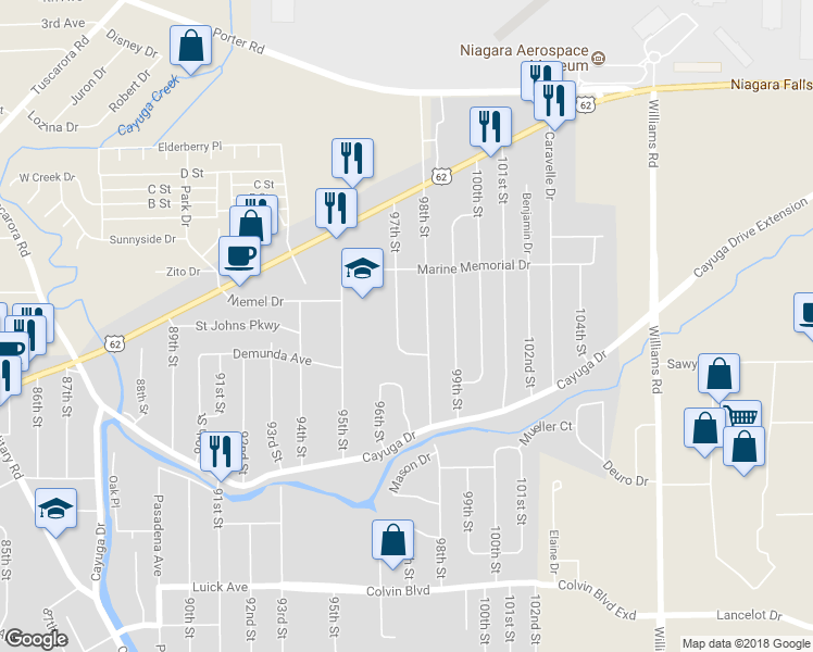 map of restaurants, bars, coffee shops, grocery stores, and more near 1419 97th Street in Niagara Falls