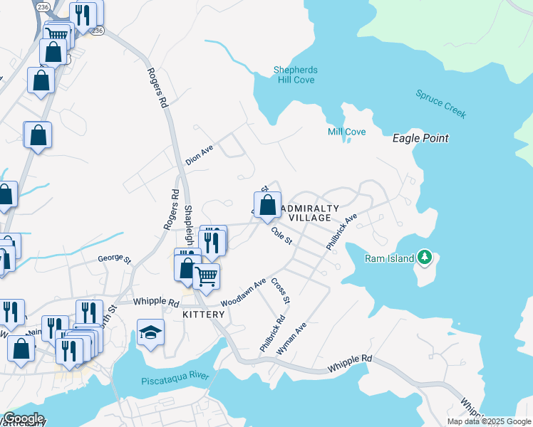 map of restaurants, bars, coffee shops, grocery stores, and more near 108 Manson Avenue in Kittery
