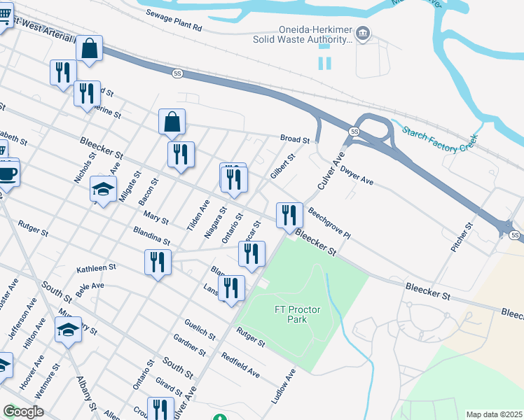 map of restaurants, bars, coffee shops, grocery stores, and more near 1900 Oscar Street in Utica
