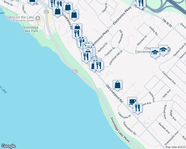 map of restaurants, bars, coffee shops, grocery stores, and more near 643 Old Liverpool Road in Liverpool