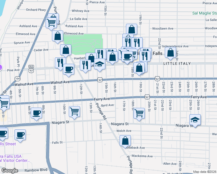 map of restaurants, bars, coffee shops, grocery stores, and more near 516 15th Street in Niagara Falls
