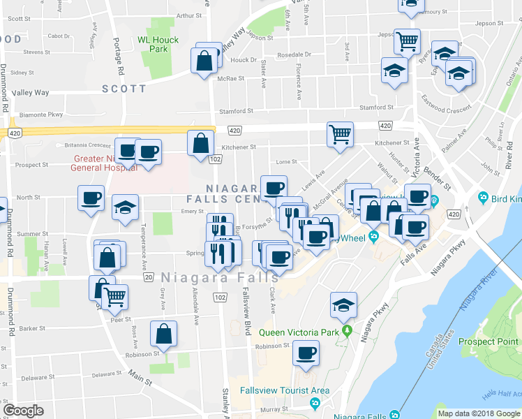 map of restaurants, bars, coffee shops, grocery stores, and more near in Niagara Falls