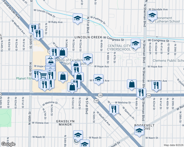 map of restaurants, bars, coffee shops, grocery stores, and more near 4108 North 51st Boulevard in Milwaukee