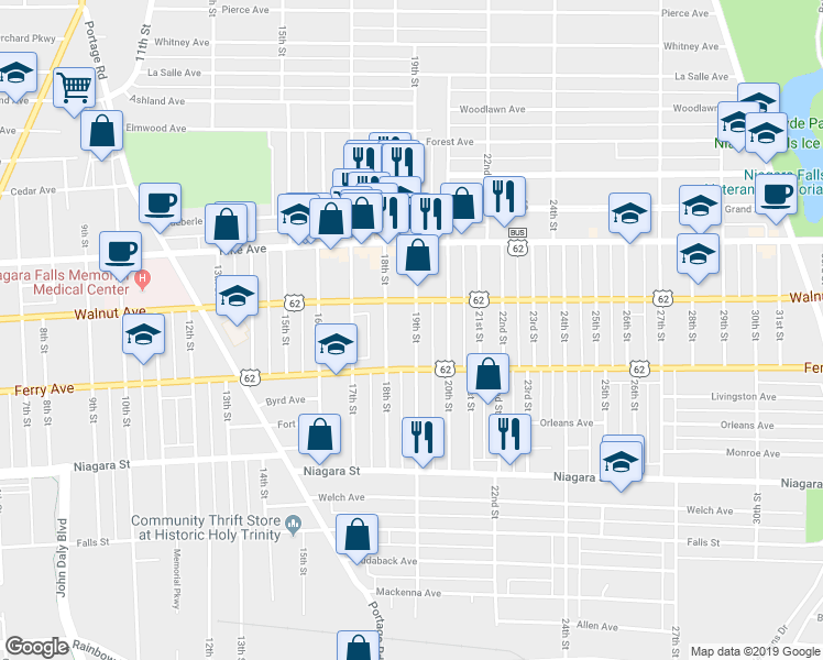 map of restaurants, bars, coffee shops, grocery stores, and more near 534 19th St in Niagara Falls