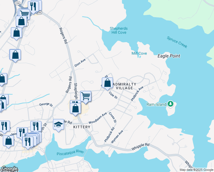 map of restaurants, bars, coffee shops, grocery stores, and more near 108 Manson Avenue in Kittery