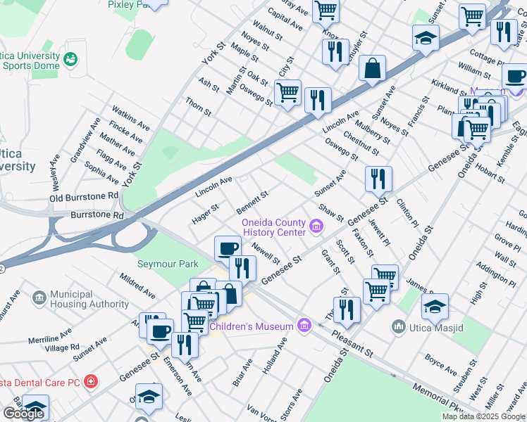 map of restaurants, bars, coffee shops, grocery stores, and more near 1629 Sunset Avenue in Utica
