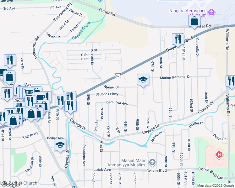 map of restaurants, bars, coffee shops, grocery stores, and more near 9261 Saint Johns Parkway in Niagara Falls