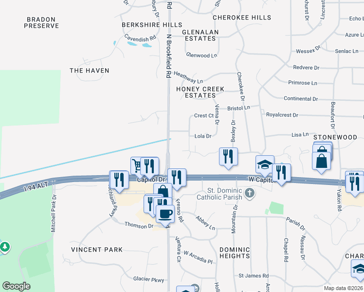 map of restaurants, bars, coffee shops, grocery stores, and more near 18665 Kamala Court in Brookfield