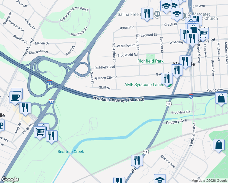 map of restaurants, bars, coffee shops, grocery stores, and more near 405 Skiff Drive in Syracuse