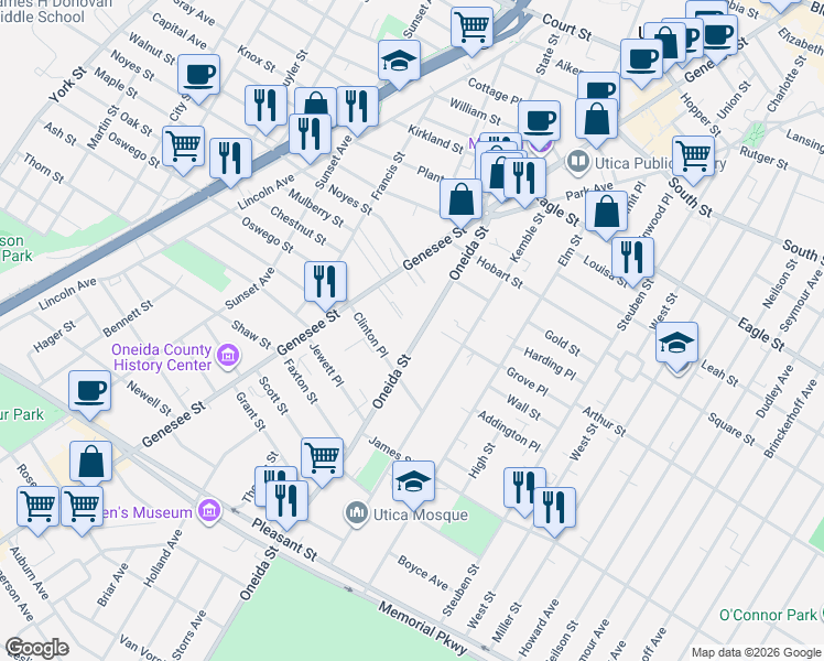 map of restaurants, bars, coffee shops, grocery stores, and more near 2 Kemble Street in Utica
