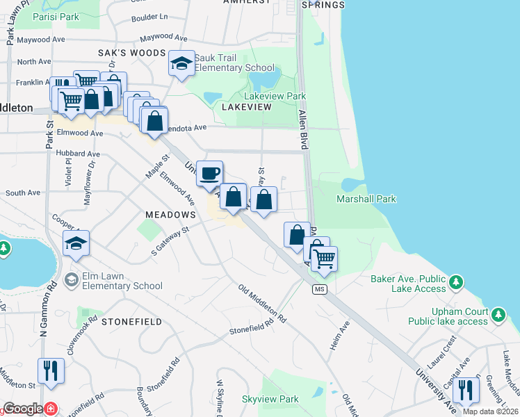 map of restaurants, bars, coffee shops, grocery stores, and more near 6242 University Avenue in Middleton