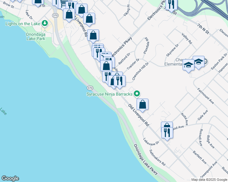 map of restaurants, bars, coffee shops, grocery stores, and more near 643 Old Liverpool Road in Liverpool