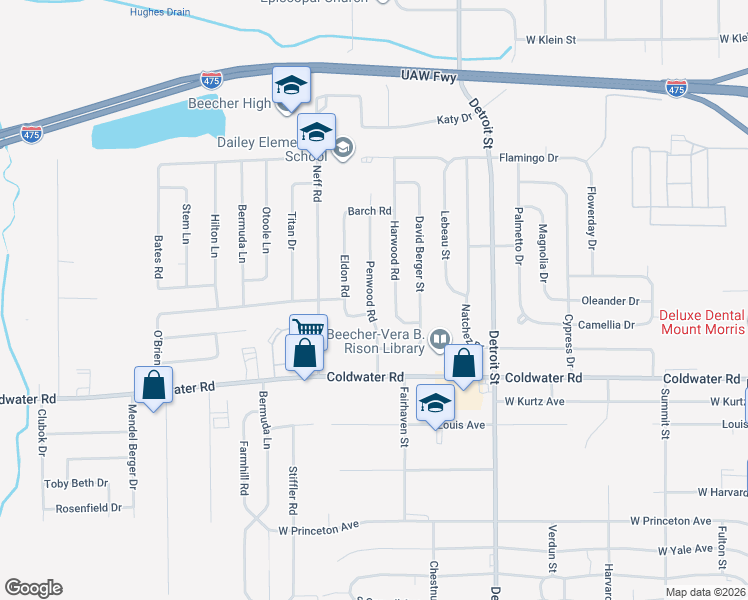 map of restaurants, bars, coffee shops, grocery stores, and more near 6063 Penwood Road in Mount Morris