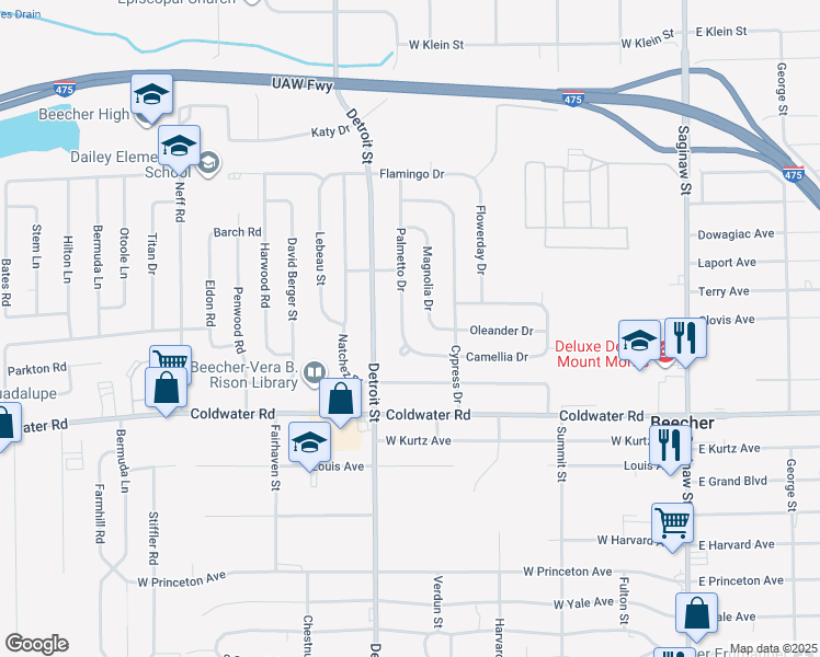 map of restaurants, bars, coffee shops, grocery stores, and more near 1276 Camellia Drive in Mount Morris