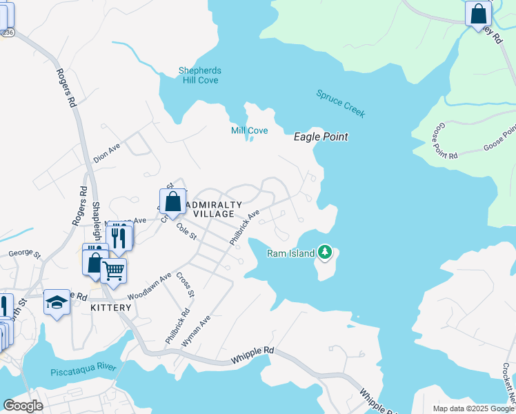 map of restaurants, bars, coffee shops, grocery stores, and more near 93 Philbrick Avenue in Kittery