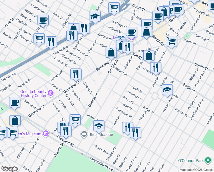 map of restaurants, bars, coffee shops, grocery stores, and more near 1511 Oneida Street in Utica