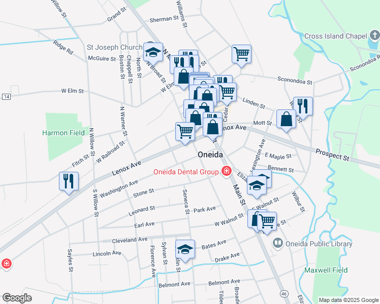 map of restaurants, bars, coffee shops, grocery stores, and more near 218 Broad Street in Oneida