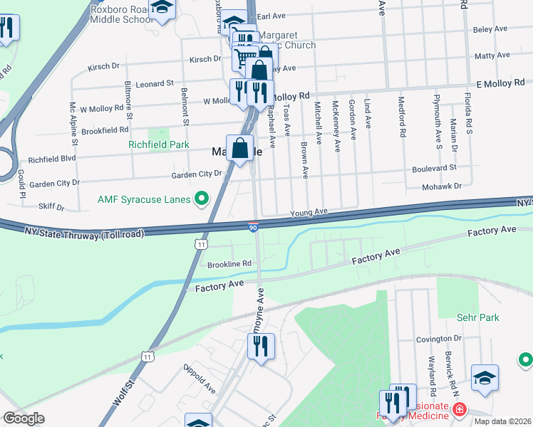 map of restaurants, bars, coffee shops, grocery stores, and more near 2212 Lemoyne Avenue in Syracuse