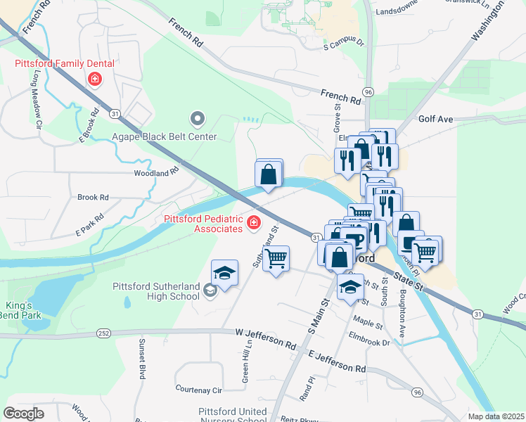 map of restaurants, bars, coffee shops, grocery stores, and more near 5 Sutherland Street in Pittsford