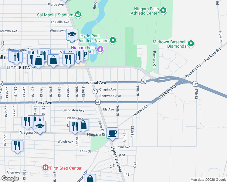 map of restaurants, bars, coffee shops, grocery stores, and more near 3571 Sherwood Avenue in Niagara Falls