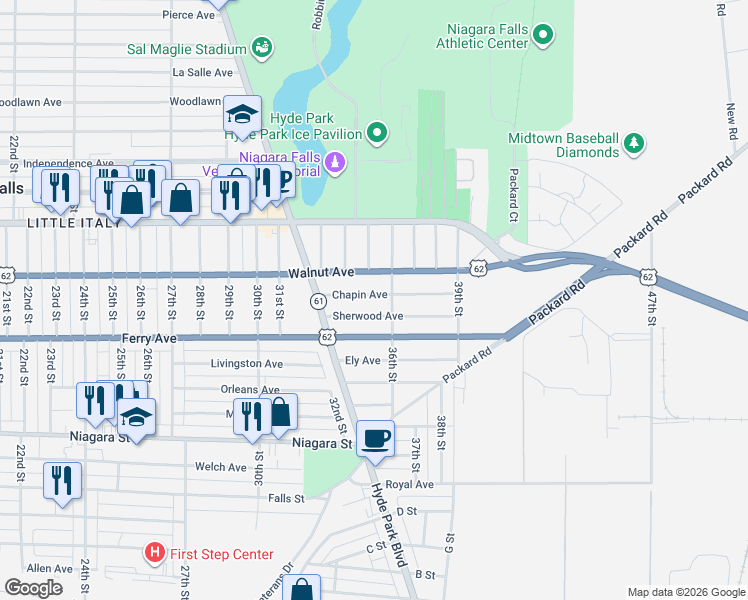 map of restaurants, bars, coffee shops, grocery stores, and more near 3571 Sherwood Avenue in Niagara Falls