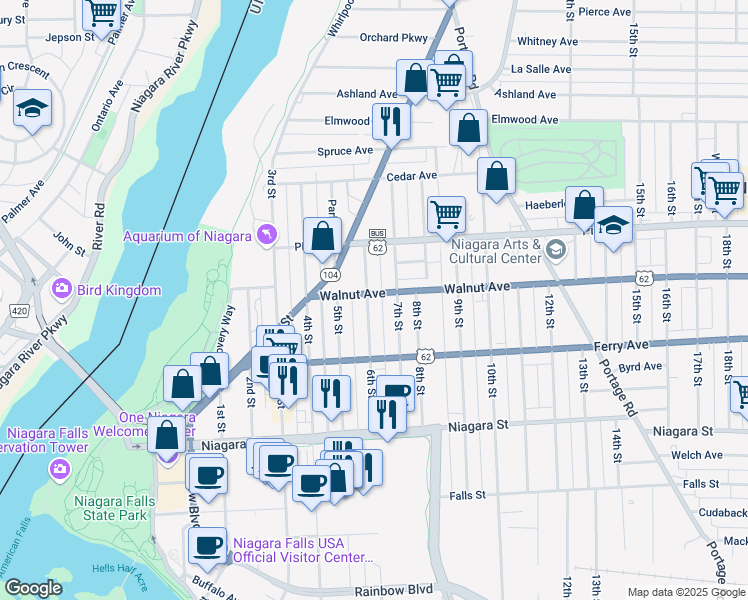 map of restaurants, bars, coffee shops, grocery stores, and more near 538 6th Street in Niagara Falls