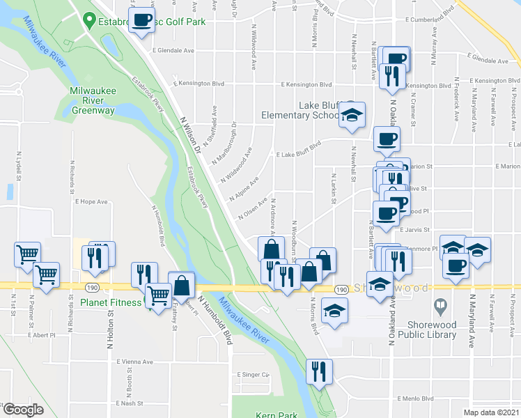 map of restaurants, bars, coffee shops, grocery stores, and more near 4209 North Ardmore Avenue in Shorewood