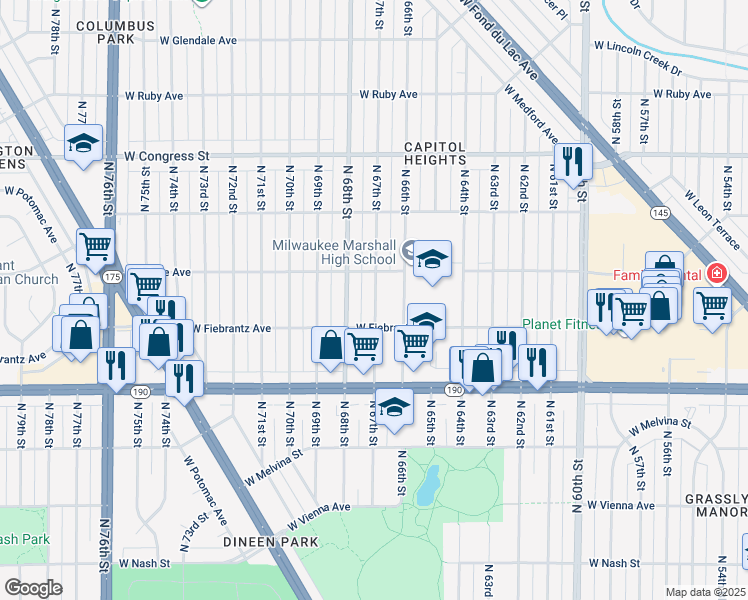 map of restaurants, bars, coffee shops, grocery stores, and more near 4103 North 67th Street in Milwaukee