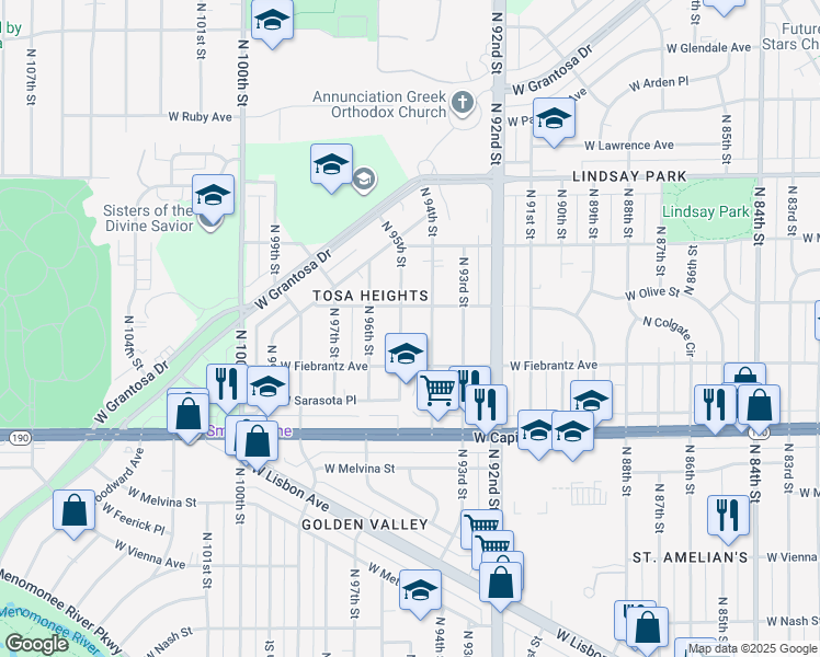 map of restaurants, bars, coffee shops, grocery stores, and more near 4115 North 94th Street in Wauwatosa