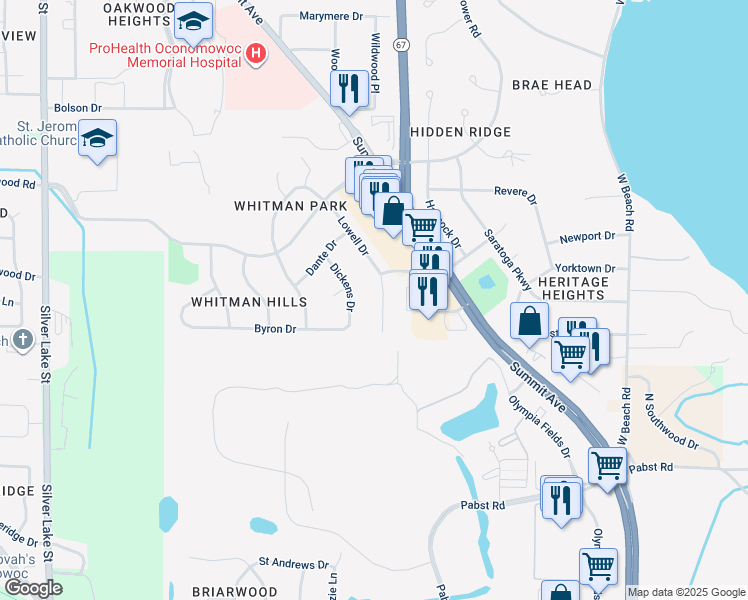 map of restaurants, bars, coffee shops, grocery stores, and more near 1137 Dickens Drive in Oconomowoc