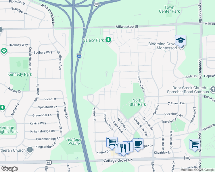 map of restaurants, bars, coffee shops, grocery stores, and more near 5937 Carter Moon Pass in Madison