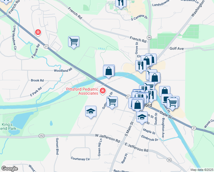 map of restaurants, bars, coffee shops, grocery stores, and more near 44 Monroe Avenue in Pittsford