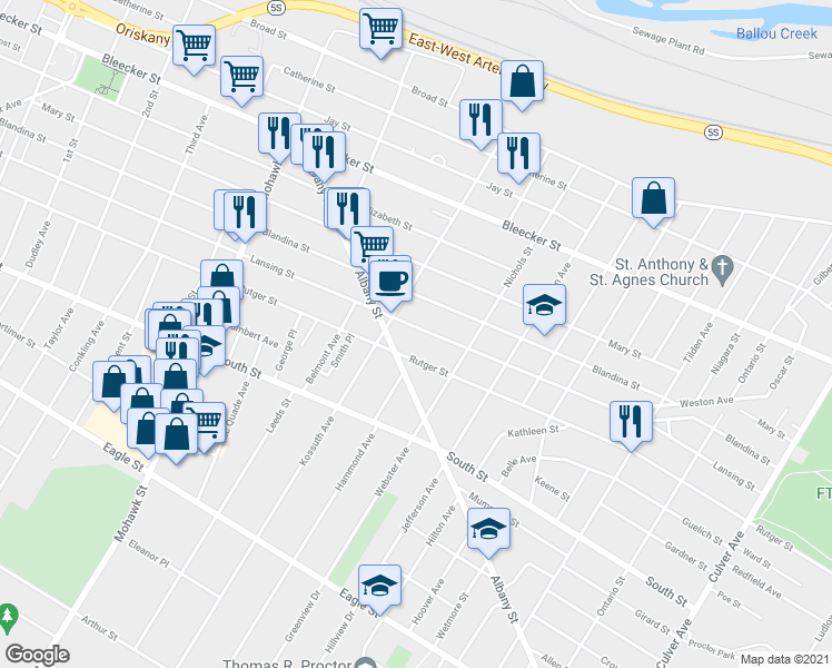 map of restaurants, bars, coffee shops, grocery stores, and more near 910 Lansing Street in Utica