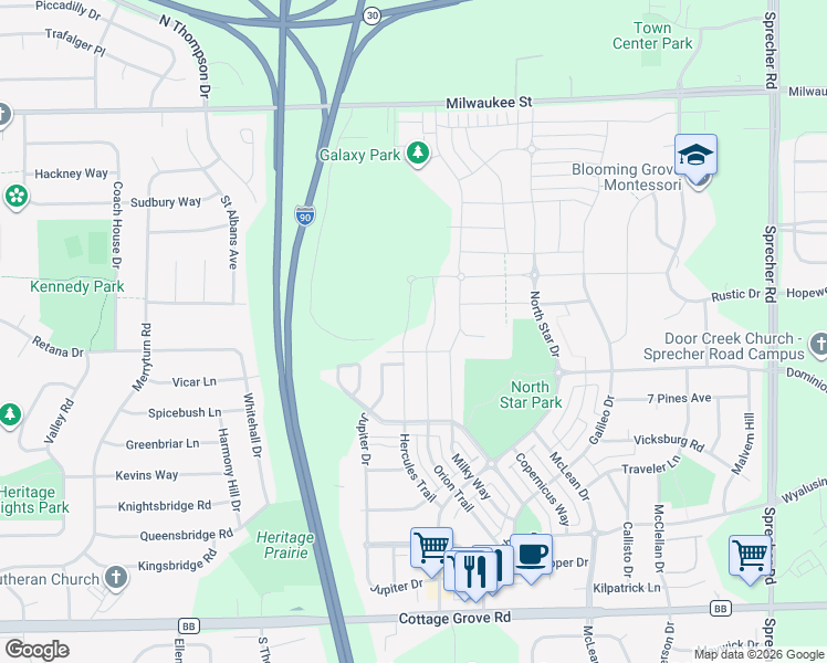 map of restaurants, bars, coffee shops, grocery stores, and more near 5937 Carter Moon Pass in Madison