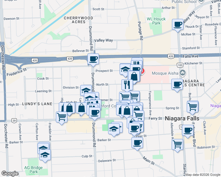 map of restaurants, bars, coffee shops, grocery stores, and more near 5644 Hanan Avenue in Niagara Falls