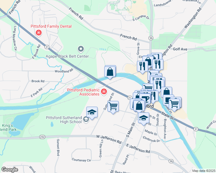 map of restaurants, bars, coffee shops, grocery stores, and more near 44 Monroe Avenue in Pittsford