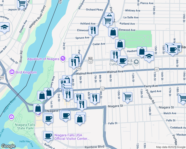 map of restaurants, bars, coffee shops, grocery stores, and more near 617 Walnut Avenue in Niagara Falls