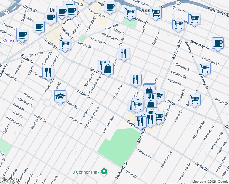 map of restaurants, bars, coffee shops, grocery stores, and more near 1122 Taylor Avenue in Utica