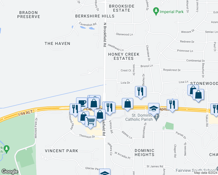 map of restaurants, bars, coffee shops, grocery stores, and more near 18665 Kamala Court in Brookfield