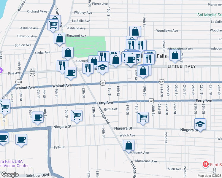 map of restaurants, bars, coffee shops, grocery stores, and more near 549 15th Street in Niagara Falls