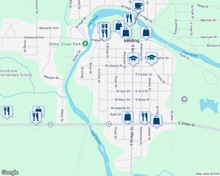 map of restaurants, bars, coffee shops, grocery stores, and more near 521 Pearl Street in Belding