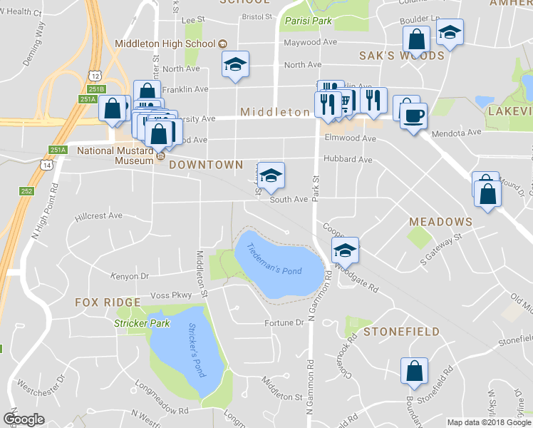 map of restaurants, bars, coffee shops, grocery stores, and more near 7120 Park Shores Court in Middleton