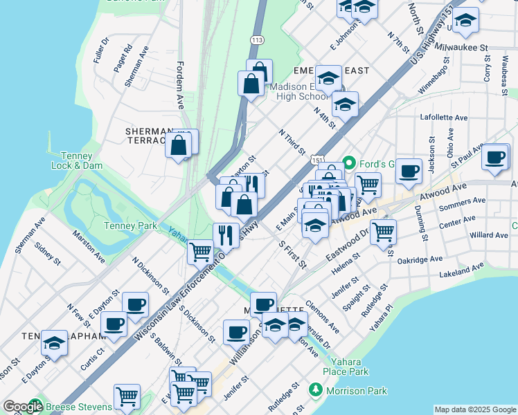 map of restaurants, bars, coffee shops, grocery stores, and more near 1910 East Washington Avenue in Madison