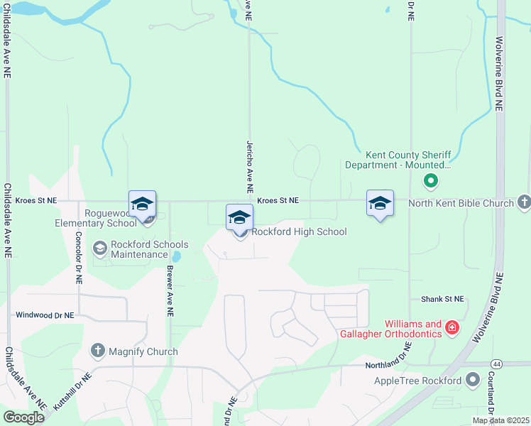 map of restaurants, bars, coffee shops, grocery stores, and more near 4100 Kroes Street Northeast in Rockford