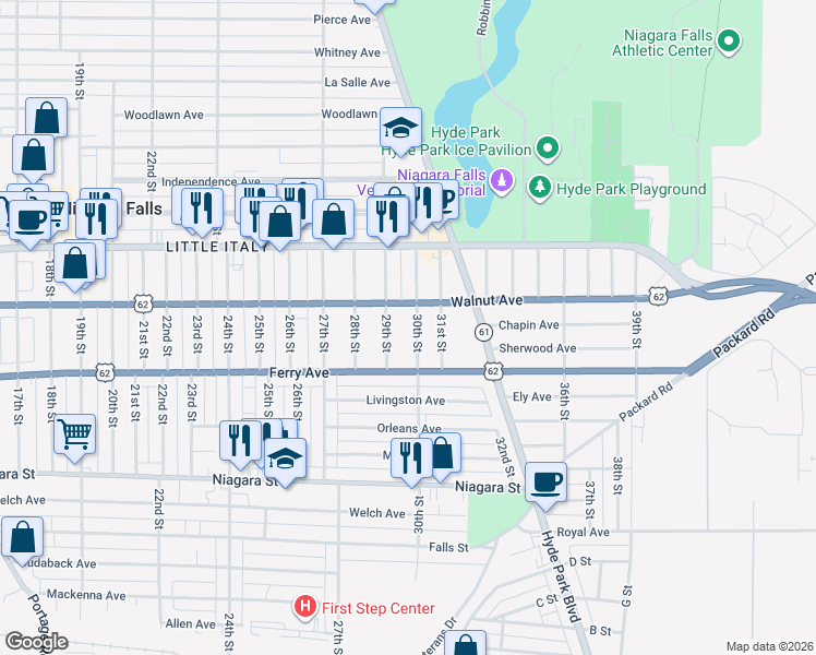 map of restaurants, bars, coffee shops, grocery stores, and more near 2905 Walnut Avenue in Niagara Falls
