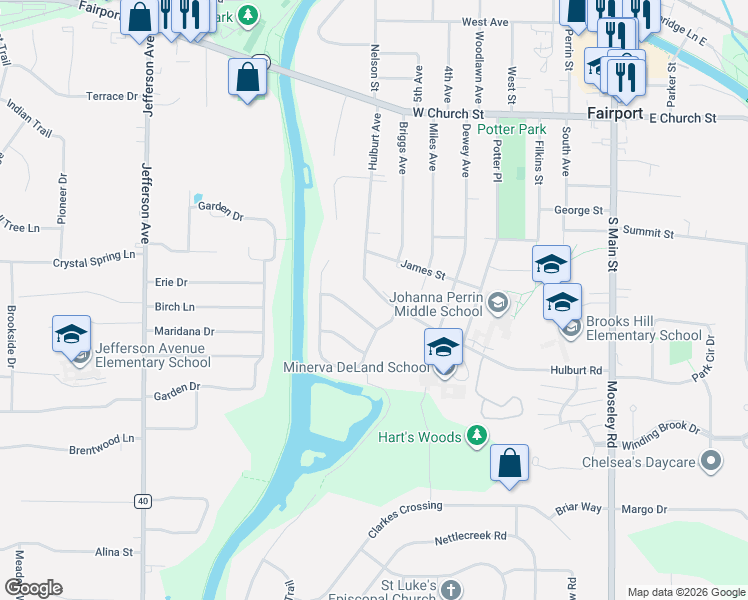 map of restaurants, bars, coffee shops, grocery stores, and more near 107 Hulburt Road in Fairport