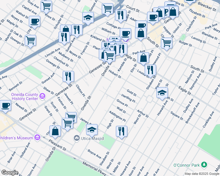map of restaurants, bars, coffee shops, grocery stores, and more near 8-10 Walker Street in Utica