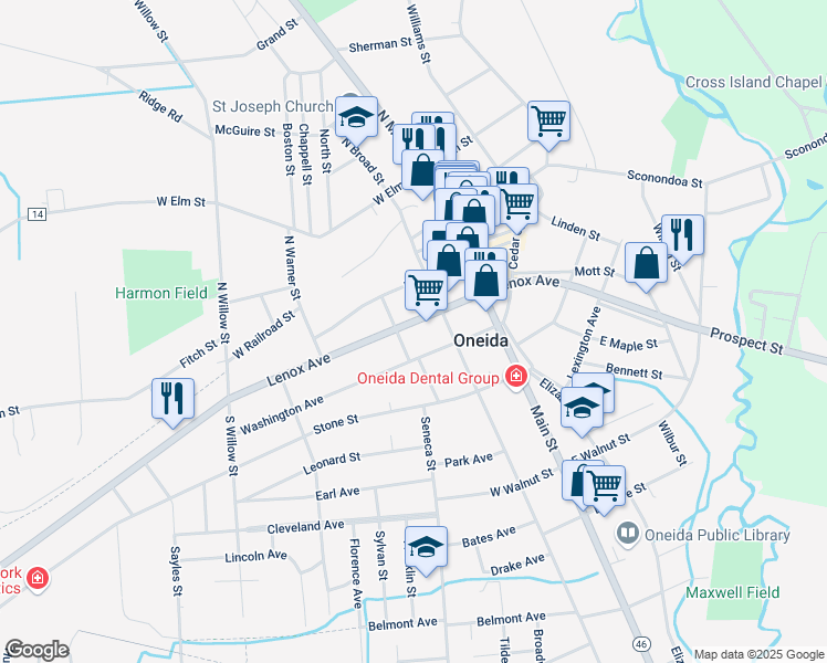 map of restaurants, bars, coffee shops, grocery stores, and more near 216 Lenox Avenue in Oneida