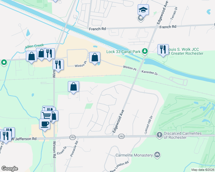 map of restaurants, bars, coffee shops, grocery stores, and more near 873 Surrey Hill Way in Rochester