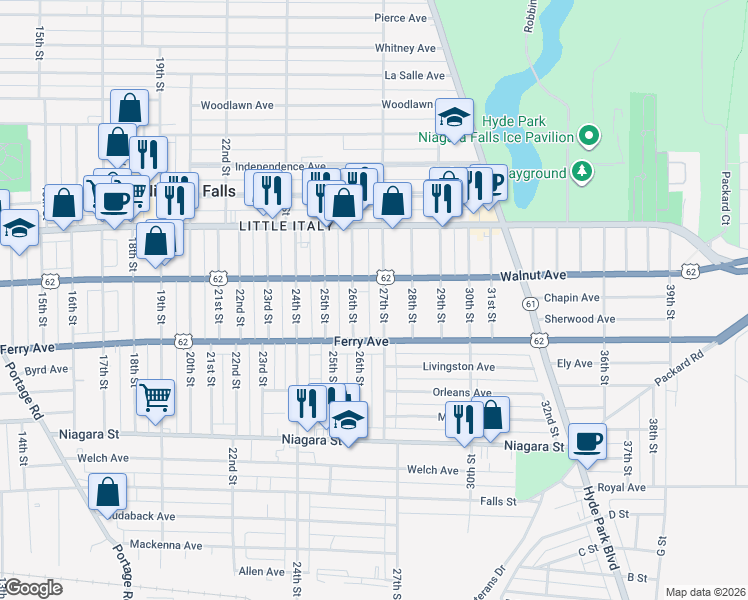 map of restaurants, bars, coffee shops, grocery stores, and more near 2609 Walnut Avenue in Niagara Falls